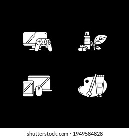 Ecommerce and retail category white glyph icons set for dark mode. Electronics and gadgets. Online store department. Silhouette symbols on black background. Vector isolated illustration bundle