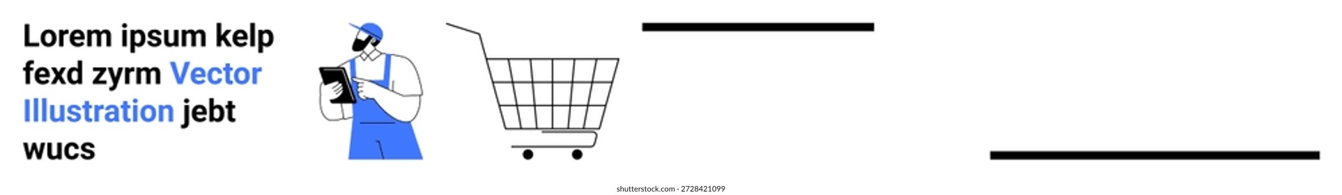 Comercio electrónico, venta al por menor, servicios de entrega, transacciones digitales, tecnología, logística. Trabajador sosteniendo una tableta junto a un ícono de Carrito de compras y texto de marcador de posición. Comercio electrónico y concepto de negocio minorista