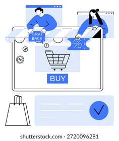 Comércio eletrônico, varejo, descontos, pagamentos digitais, ofertas de cashback e transações on-line. Um ícone de carrinho, etiqueta de reembolso e símbolos de desconto são . Conceito de comércio eletrônico e compras a retalho