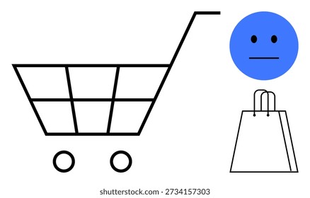 Ecommerce, retail industry, consumer behavior, online shopping, marketing trends, customer sentiment. Line shopping cart, paper bag and neutral blue face icon. Ecommerce and consumer behavior