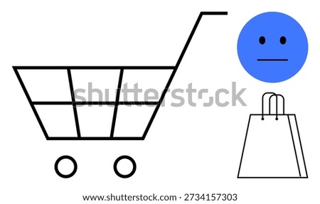 Ecommerce, retail industry, consumer behavior, online shopping, marketing trends, customer sentiment. Line shopping cart, paper bag and neutral blue face icon. Ecommerce and consumer behavior