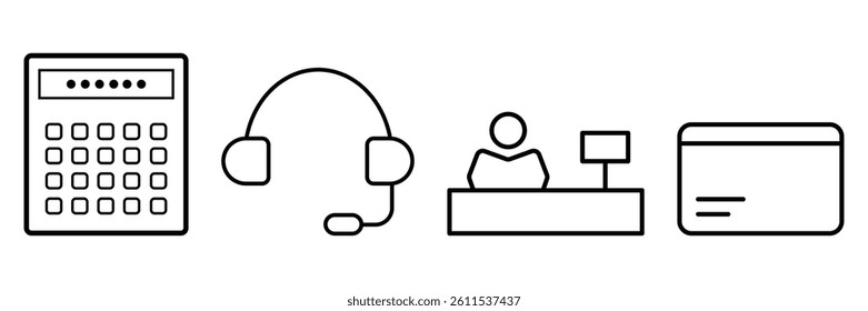 E-commerce and retail line icons. Helpline, customer desk, card, payment gateway machine outlined sign and symbol vector illustration.