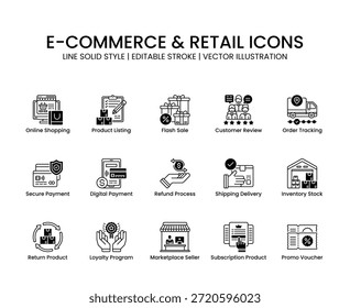 Conjunto de ícones sólidos de linha de comércio eletrônico e varejo. Inclui conceitos de compras on-line, mercado, produto, pagamento, entrega, atendimento ao cliente e negócios de varejo. Ideal para sites de comércio eletrônico, aplicativos móveis, painéis, lojas on-line e projetos de varejo profissional. Ícones vetoriais totalmente editáveis e escalonáveis.