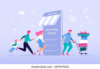 Ecommerce retail on device for customer application on blue background. People going for shopping to smartphone and go out happy with bags after deals. Vector flat illustration