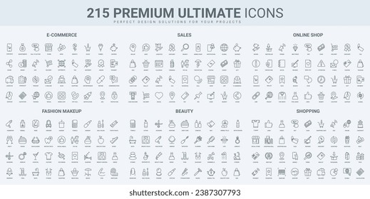 Ecommerce, retail shop sales, fashion makeup and body care thin black line icons set vector illustration. Outline symbols of purchases in mobile store app, payment and wallet, support collection