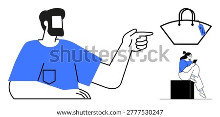 E-commerce, retail shopping, digital marketing, customer engagement, consumer choice, online buying. A man pointing at a handbag and a seated woman browsing her phone. E-commerce and retail shopping