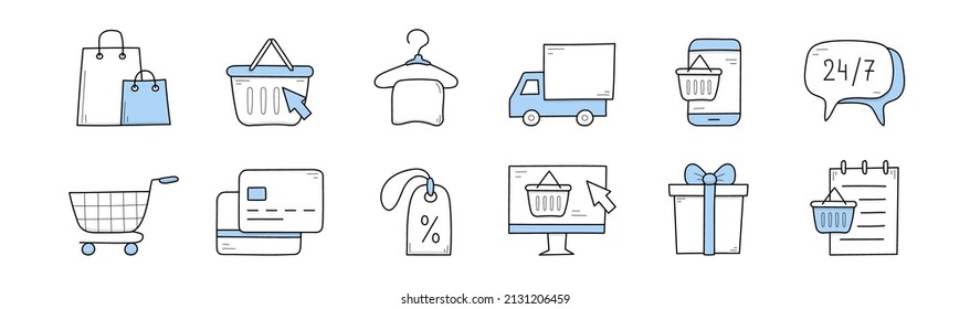 Iconos del doodle de comercio electrónico, minorista y de compras. Bolsas de papel, carrito con puntero de flecha, percha con ropa, camión de reparto, smartphone, soporte al cliente, carro, etiqueta de precio y caja de regalo Juego de vectores de línea de arte