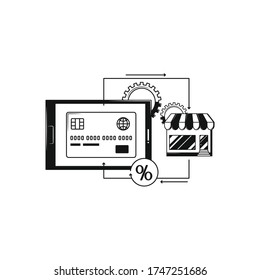 E-commerce, venta al por menor, icono de compra diseño plano icono negro sobre fondo blanco.