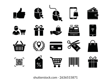 Ecommerce and retail shopping icons set featuring payment methods, online shopping, and customer feedback symbols. Perfect for website design or app interfaces.