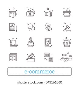 E-commerce, Retail, Shopping Thin Line Icons. On-line Shop, Auction Gavel, Coupons, Airmail, Courier, Goods And Money Signs. Modern Vector Design Elements. Isolated On White.