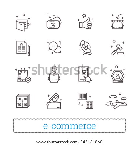 E-commerce, retail, shopping thin line icons. On-line shop, auction gavel, coupons, airmail, courier, goods and money signs. Modern vector design elements. Isolated on white.