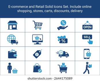 E-commerce and Retail Solid Icons Set. Include online shopping, stores, carts, discounts,
delivery, mobile commerce etc. flat, solid icons vector illustration, shopping icons