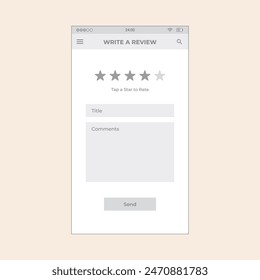 Ecommerce review screen with stars and comments. Vector mobile wireframe editable design for mobile, with sample data and real user interface graphic details ready for ux and ui projects.