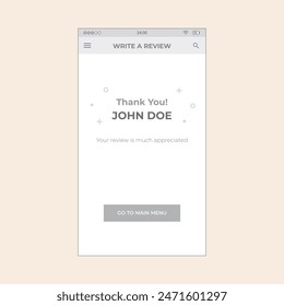 Ecommerce review screen with thanks comment. Vector mobile wireframe editable design for mobile, with sample data and real user interface graphic details ready for ux and ui projects.