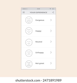 Ecommerce review screen with user experience emojis. Vector mobile wireframe editable design for mobile, with sample data and real user interface graphic details ready for ux and ui projects.