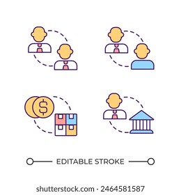 Ecommerce RGB color icons set. Business models. Business to business. Retail industry. Wholesale retail. Isolated vector illustrations. Simple filled line drawings collection. Editable stroke