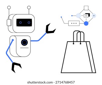 Comércio eletrônico, robótica, inteligência artificial, compras on-line, automação de varejo, transformação digital. é um robô interagindo com uma sacola de compras e elementos tecnológicos. Comércio eletrônico e robótica