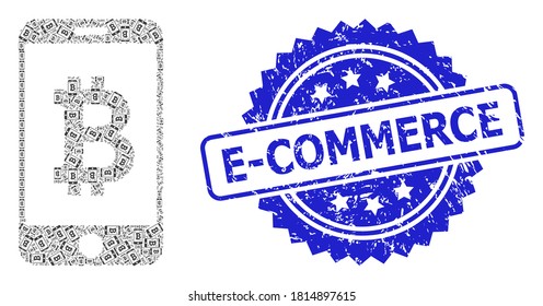 E-Commerce rubber stamp and vector fractal mosaic mobile bitcoin bank. Blue stamp has E-Commerce text inside rosette. Vector mosaic is designed from random rotated mobile bitcoin bank items.
