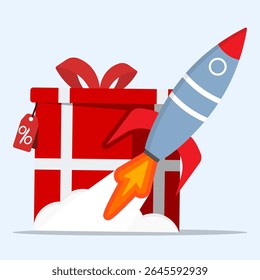 E-commerce sale booster strategy concept. Rocket launching with giftbox and tags label percentages of price.