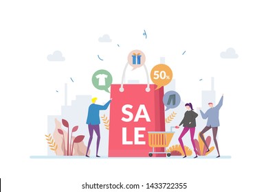 Ecommerce Sale Season Vector Illustration Concept Showing a discount offer in a sale season, Suitable for landing page, ui, web, App intro card, editorial, flyer, and banner.