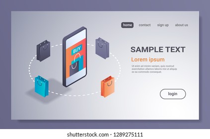 e-commerce sales mobile application online shopping concept internet store digital marketing smartphone screen 3d isometric paper bags icon flat horizontal copy space