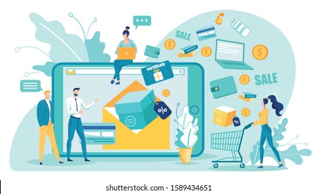 E-commerce Sales And Online Shopping With Discount. Cartoon Man And Woman Using Digital Gadgets For Doing Purchases. Gifts, Buyers Certificates, Goods, Credit Cards, Coupons. Vector Flat Illustration