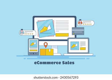 eCommerce sales, Selling online from an e-commerce website, customer reviews for e-commerce, audience retargeting strategy - thin line vector illustration with icons
