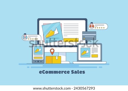 eCommerce sales, Selling online from an e-commerce website, customer reviews for e-commerce, audience retargeting strategy - thin line vector illustration with icons