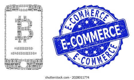 E-Commerce scratched round seal imitation and vector recursive mosaic mobile bitcoin account. Blue stamp seal includes E-Commerce title inside round shape.