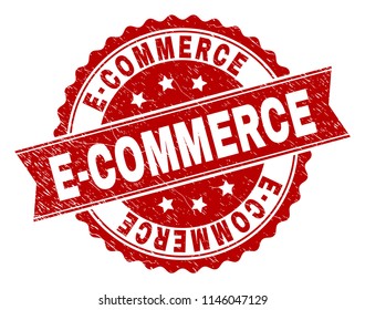 E-COMMERCE seal stamp with corroded texture. Rubber seal imitation has circle medallion shape and contains ribbon. Red vector rubber print of E-COMMERCE title with dirty texture.
