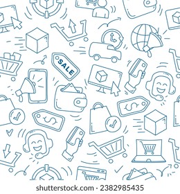 E-commerce seamless pattern. Online shopping and delivery elements. E-commerce doodle pattern.