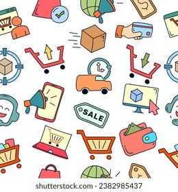 E-commerce seamless pattern. Online shopping and delivery elements. E-commerce doodle pattern.