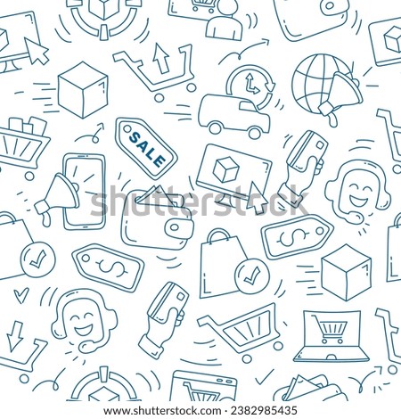 E-commerce seamless pattern. Online shopping and delivery elements. E-commerce doodle pattern.
