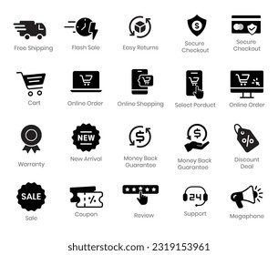 E-commerce security badges related to website store and e-commerce. Symbols such as store object, payment method, and shipping are included in this set.