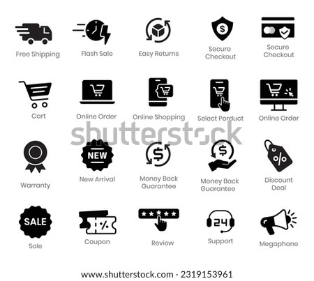 E-commerce security badges related to website store and e-commerce. Symbols such as store object, payment method, and shipping are included in this set.