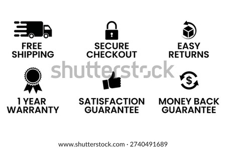 E-commerce Security Badges Set – Free Shipping, Secure Checkout, Easy Returns, Money Back Guarantee, 1 Year Warranty Shopping Icons