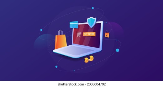 eCommerce security, Secure payment, Online payment, eCommerce website checkout - 3d style vector illustration with icons isolated on dark background