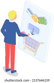 E-commerce selling, online shopping, digital marketing. Man chooses and buys goods in Internet store. Guy uses applications for ordering on website. Male character near online shopping app icon