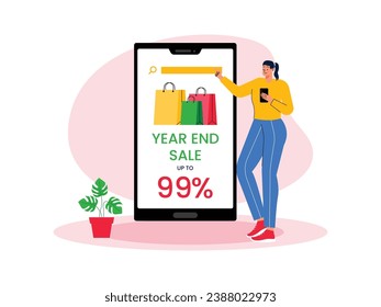 E-commerce sells products at low prices, discounts for purchasing a certain amount, year-end shopping spree, vector illustration.