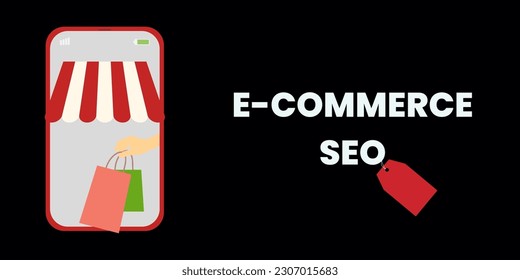 E-Commerce SEO Banner on Black Background. Stylish E-Commerce Banner with White Text and Colored Icons for Business and Marketing