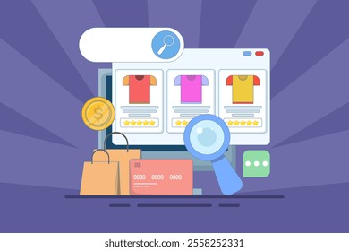 E-commerce SEO concept, products added to search engine results page, Online shopping, internet e-commerce web store, search products online, business e-commerce SEO concept. vector illustration.