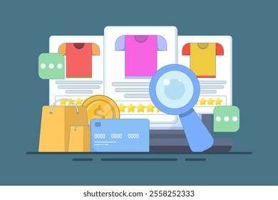 E-commerce SEO concept, products added to search engine results page, Online shopping, internet e-commerce web store, search products online, business e-commerce SEO concept. vector illustration.