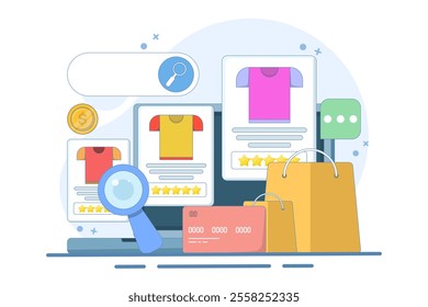 E-commerce SEO concept, products added to search engine results page, Online shopping, internet e-commerce web store, search products online, business e-commerce SEO concept. vector illustration.