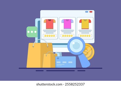 E-commerce SEO concept, products added to search engine results page, Online shopping, internet e-commerce web store, search products online, business e-commerce SEO concept. vector illustration.