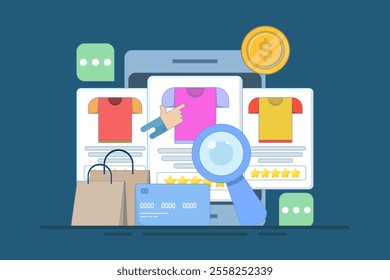 E-commerce SEO concept, products added to search engine results page, Online shopping, internet e-commerce web store, search products online, business e-commerce SEO concept. vector illustration.