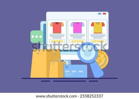 E-commerce SEO concept, products added to search engine results page, Online shopping, internet e-commerce web store, search products online, business e-commerce SEO concept. vector illustration.
