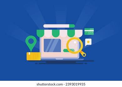 eCommerce SEO, Digital shop, SEO for ecommerce website, Search result for online product search - vector illustration with icons
