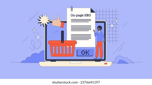 E-commerce SEO guide for effective website keywords retro tiny person concept. Search engine optimization learning course with internet marketing and advertising for best results vector illustration.