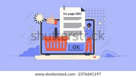 E-commerce SEO guide for effective website keywords retro tiny person concept. Search engine optimization learning course with internet marketing and advertising for best results vector illustration.