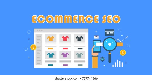 Ecommerce SEO, Marketing Campaign,  Online Shopping, Website Store Flat Vector Banner Illustration Isolated On Blue Background